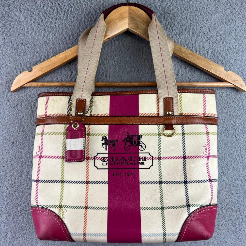 Coach Heritage Stripe Tartan Plaid Tote Bag Magenta White Multi 11350
